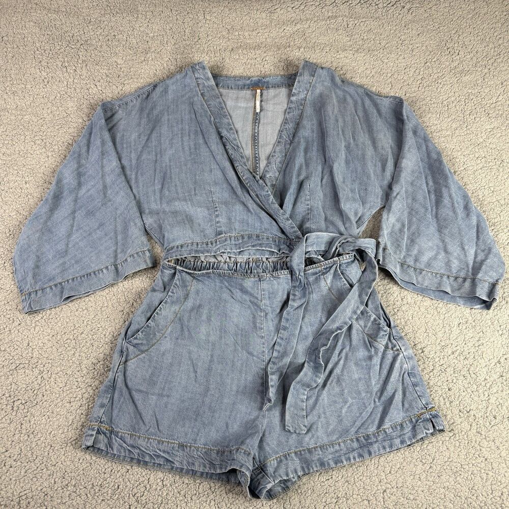 Free People Romper Womens Small Blue Chambray One Piece Jumpsuit Open Tie Waist